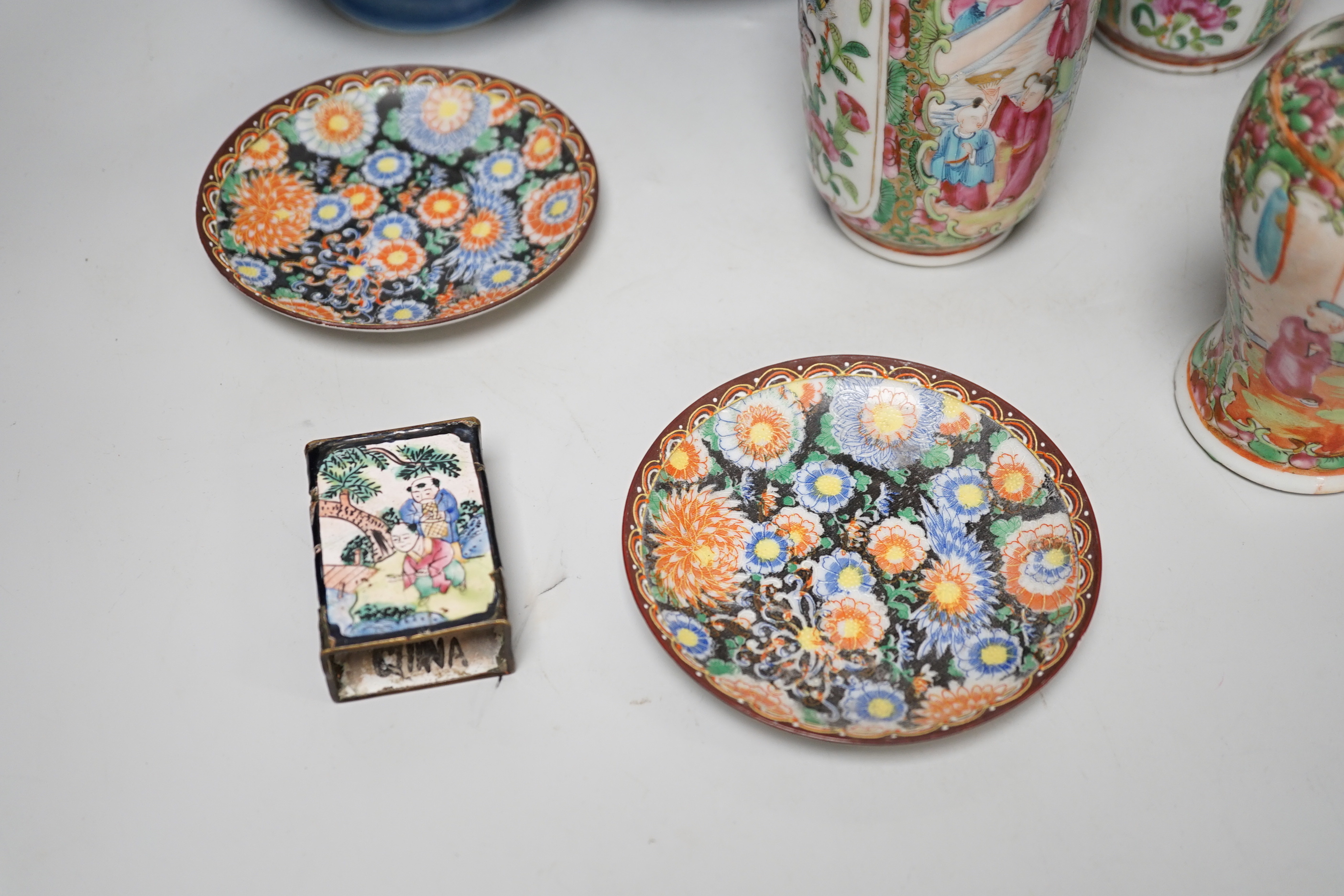 Chinese ceramics including a pair of Canton vases, baluster jar and cover and enamelled matchbox holder, the largest 24cm high